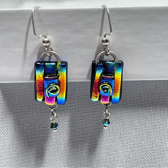 FUSED DICHROIC GLASS Multicolored Hand Crafted Artsy Dangle Earrings - Picture 11 of 13